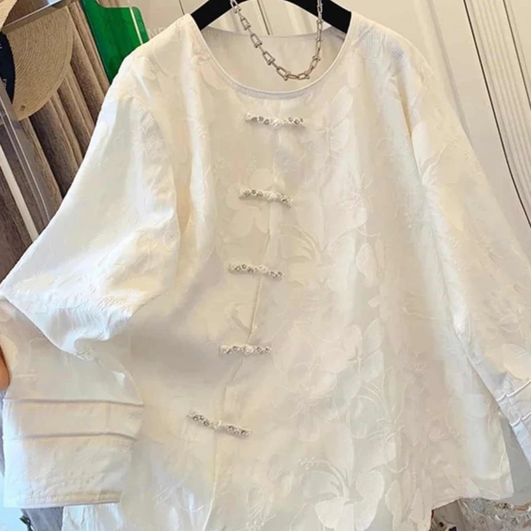 胖MM300斤特大码长袖衬衫春秋微胖洋气中式遮肉盘扣上衣气质衬衣2