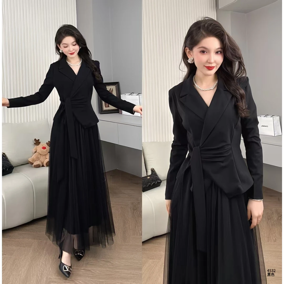 Saeda品牌女装小香风轻熟风百褶系带修身两件套套装YF4532