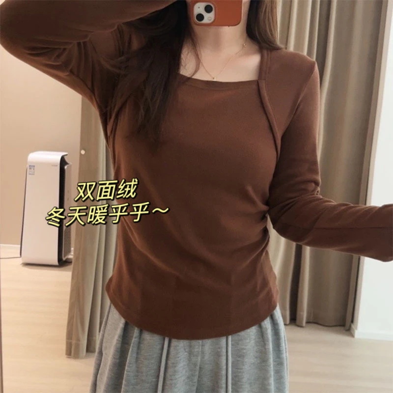 大码200斤韩版小众坎肩方领正肩长袖t恤女春季百搭休闲显瘦打底衫