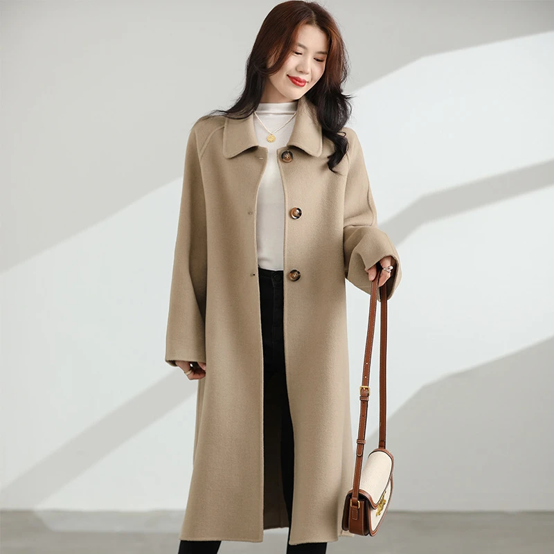 24秋冬新款韩版宽松纯色长袖双面羊毛呢外套女时尚娃娃领气质简约