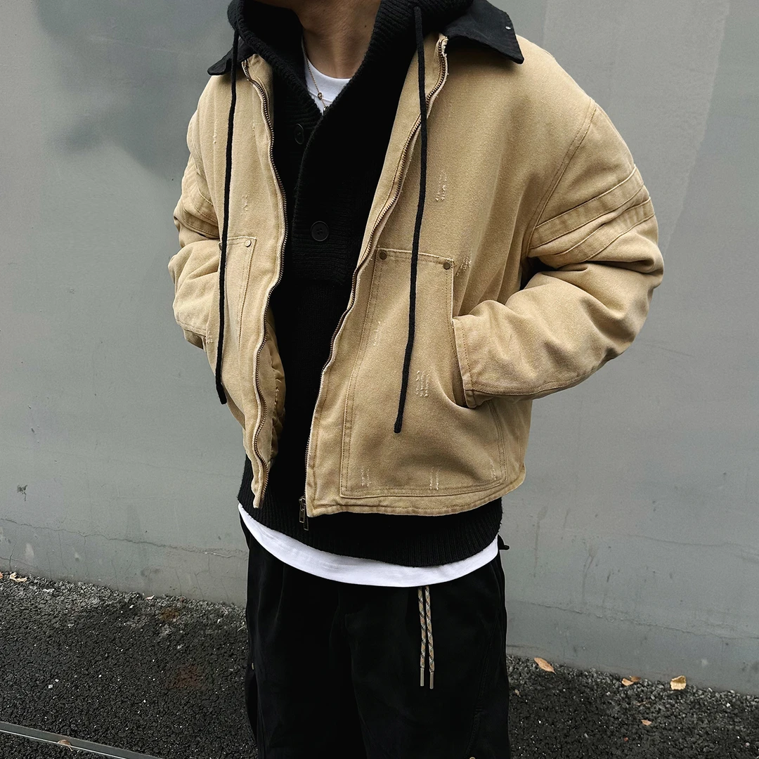 【UNAPS】冬季Cleanfit巴恩风短款帆布棉衣男女做旧廓形棉服外套潮