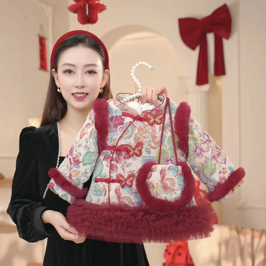 儿童装女童宝宝新中式国风红色过年服加绒加厚喜庆拜年裙24178