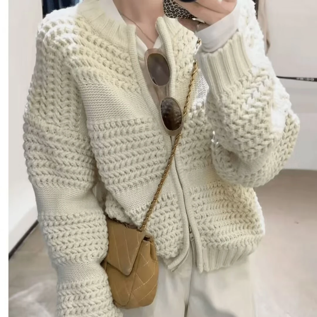 纯色慵懒风拉链粗针毛衣设计感开衫上衣2025秋冬新款高级感外套