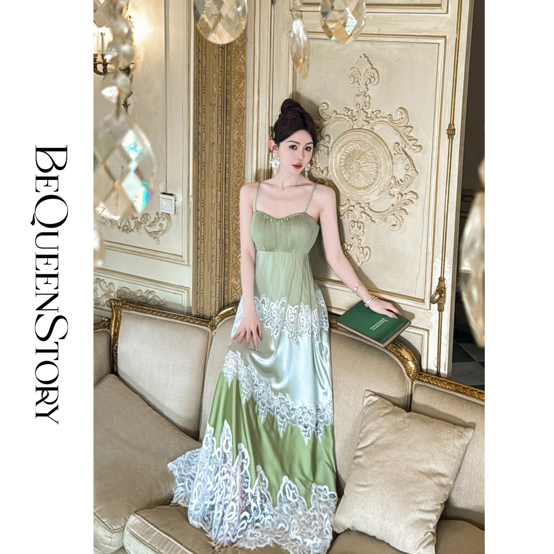 余潇潇【翡翠仙踪】重工压褶拼接醋酸蕾丝绣花轻礼服吊带裙