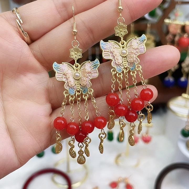 南红玛瑙耳饰合金南红蝴蝶流苏