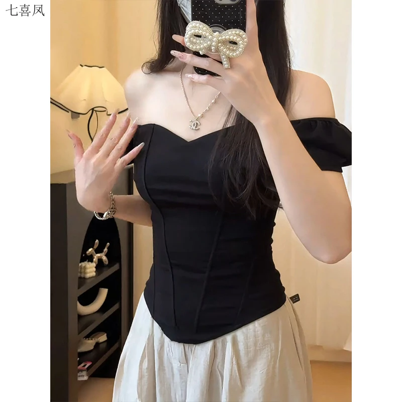 修身显瘦短袖恤女夏季纯色立体鱼骨大码弹力抹胸一字肩精