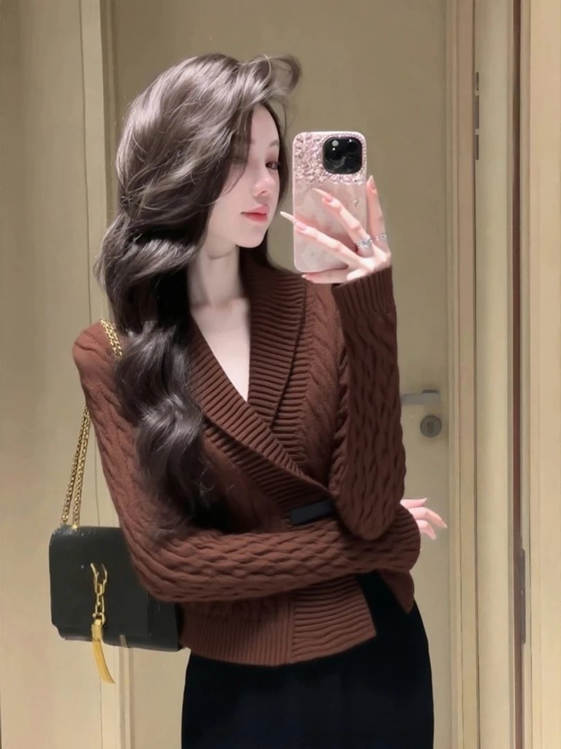 法式V领麻花毛衣开衫女2025新款秋冬加厚宽松慵懒风针织外套上衣