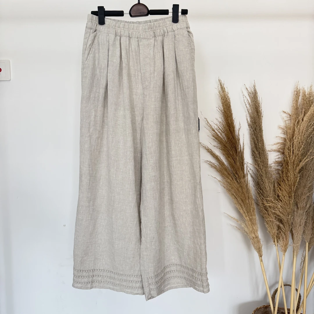 亚麻阔腿裤松紧腰百搭显瘦