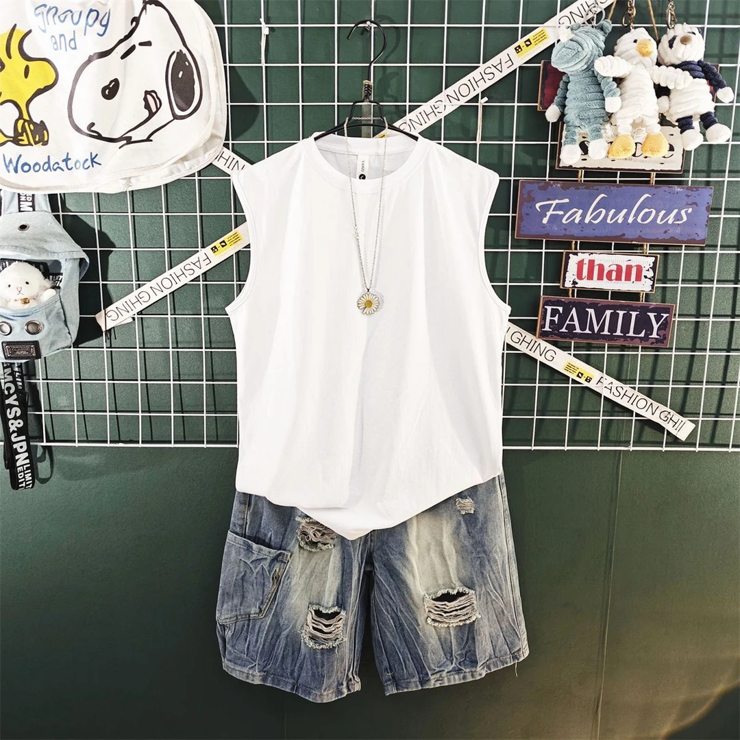 日系破洞牛仔短裤男生休闲套装潮流夏季男装一整套穿搭宽松两件套