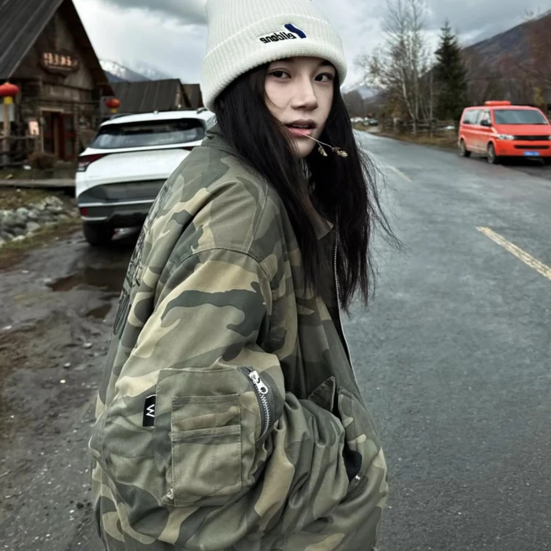 冬季美式复古潮流水洗迷彩宽廓形夹克棉服男女设计感宽松短外套