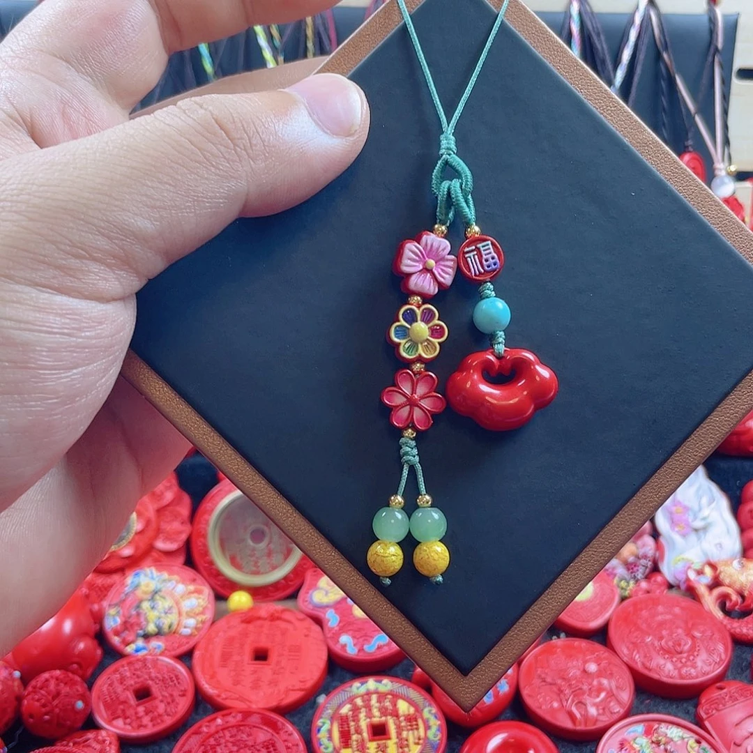 天然辰砂含辰砂工艺品一路生花祥云锁手机坠