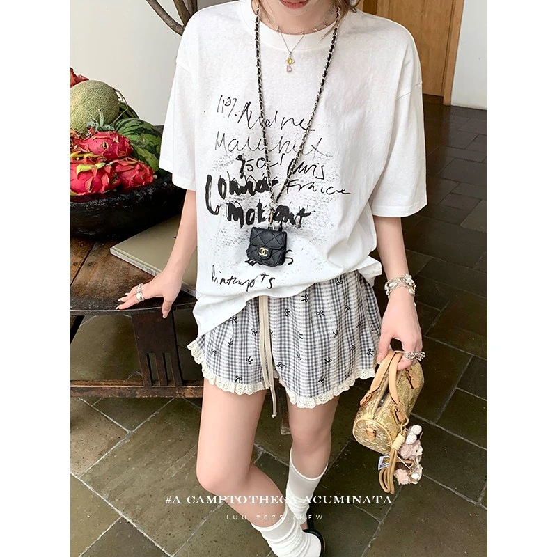 LUU桃喜儿/宽松印花白色设计感T恤女夏小众针织圆领短袖休闲上衣