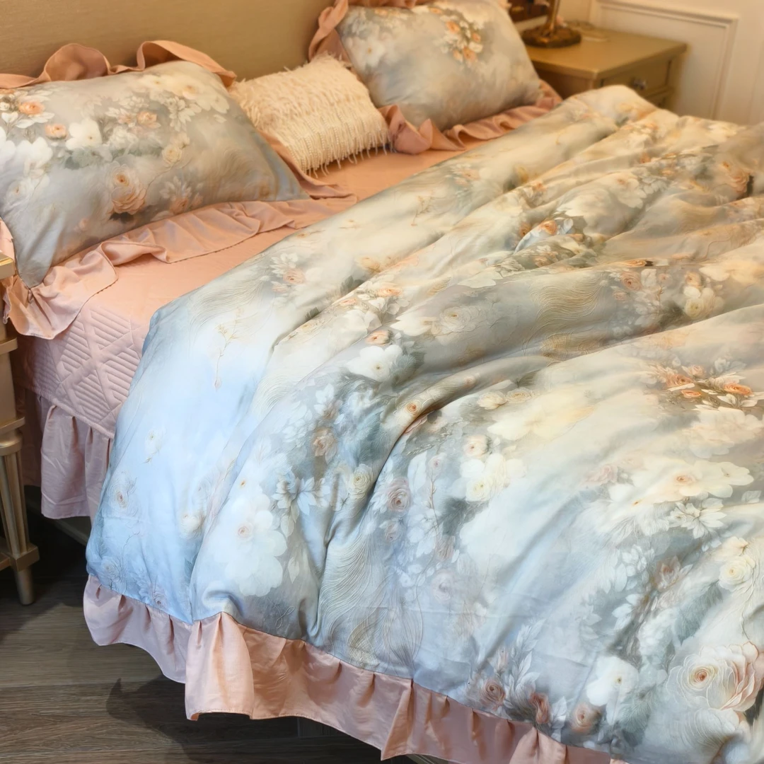 小冲冲【粉韵花园】法式浪漫花边全棉双层纱印花床盖款四件套欧式