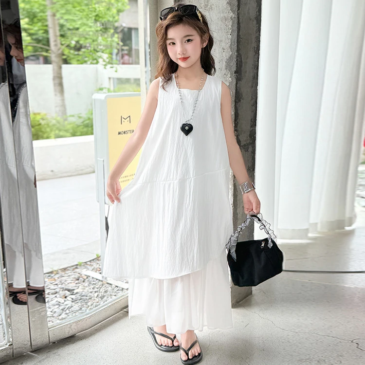 【X bao】原创设计中大童宽松夏季女纯色薄款女童连衣裙时尚中长款