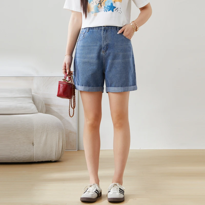 采多宝大码女装卷脚高腰显瘦牛仔短裤EXK5055
