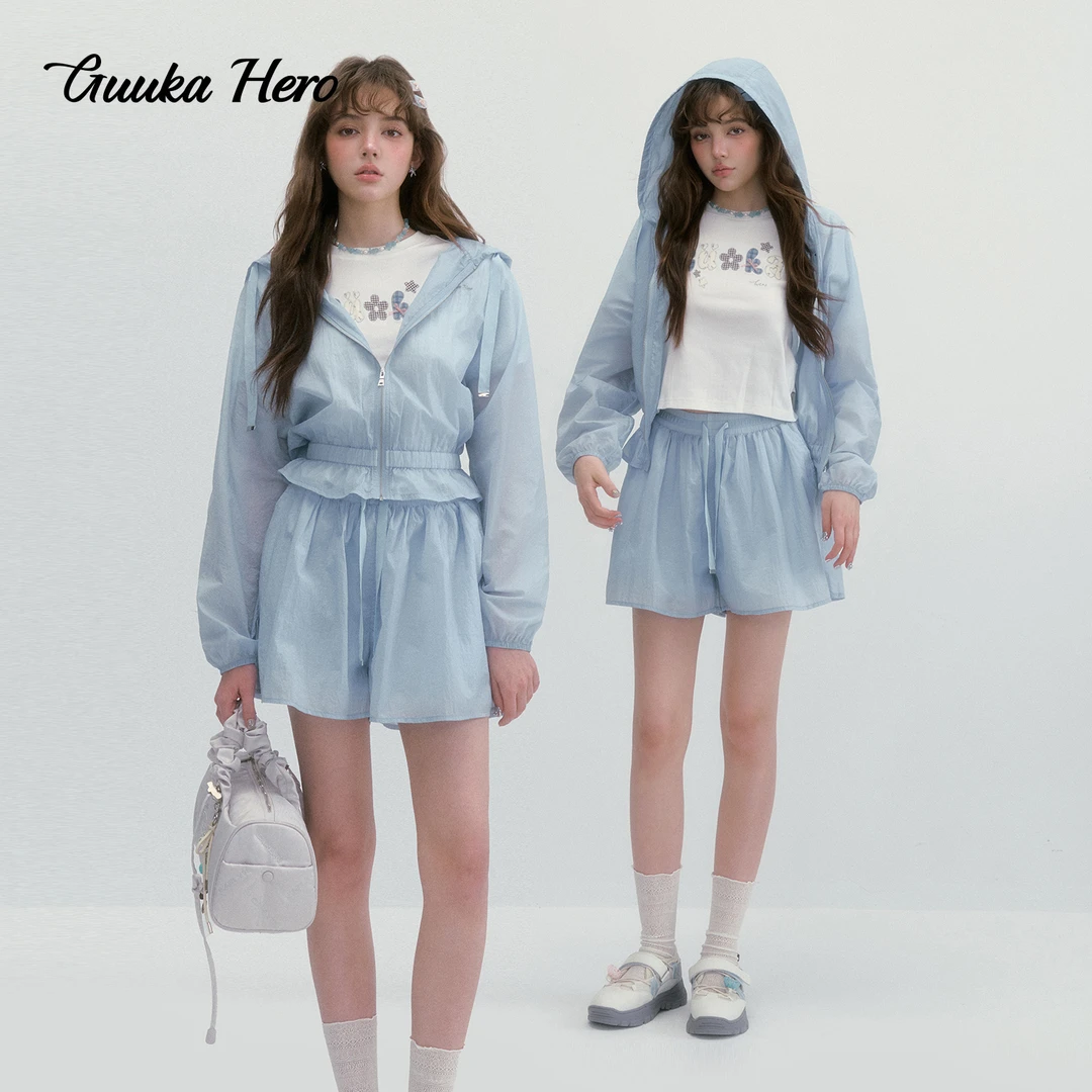 GUUKA HERO天空蓝连帽收腰短款外套防紫外线透气抽绳防晒衣G61066