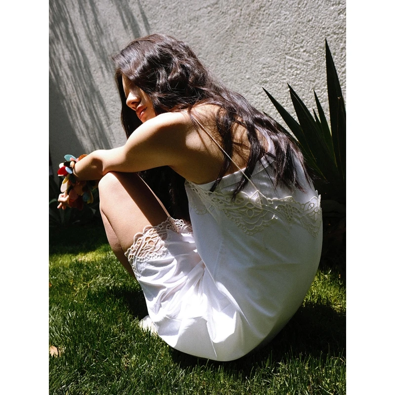 Ayuko｜蕾丝镂空万针刺绣 长绒棉浪漫随性吊带连衣裙/短裤05330406