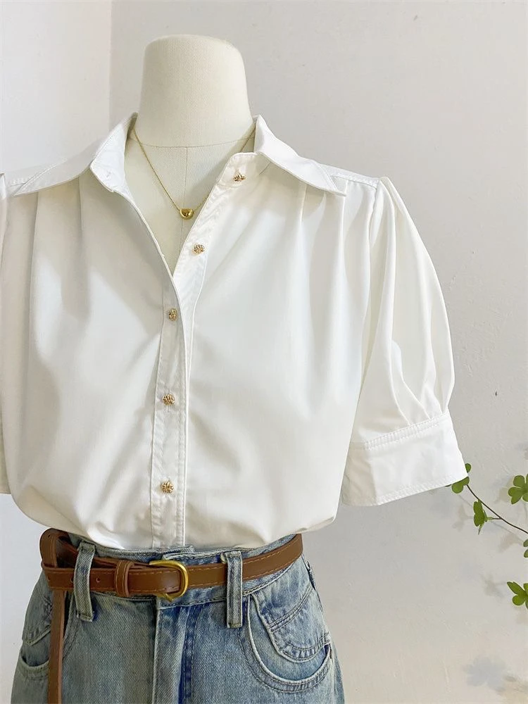 法式POLO翻领泡泡袖衬衫女2025夏季简约气质白色短袖衬衫通勤上衣