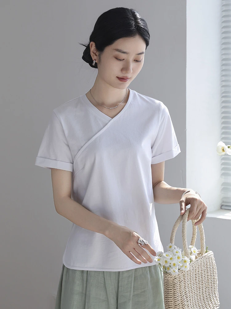 25夏夏季新款100纯棉复古文艺V领短袖T恤女纯色简约百搭休闲上衣