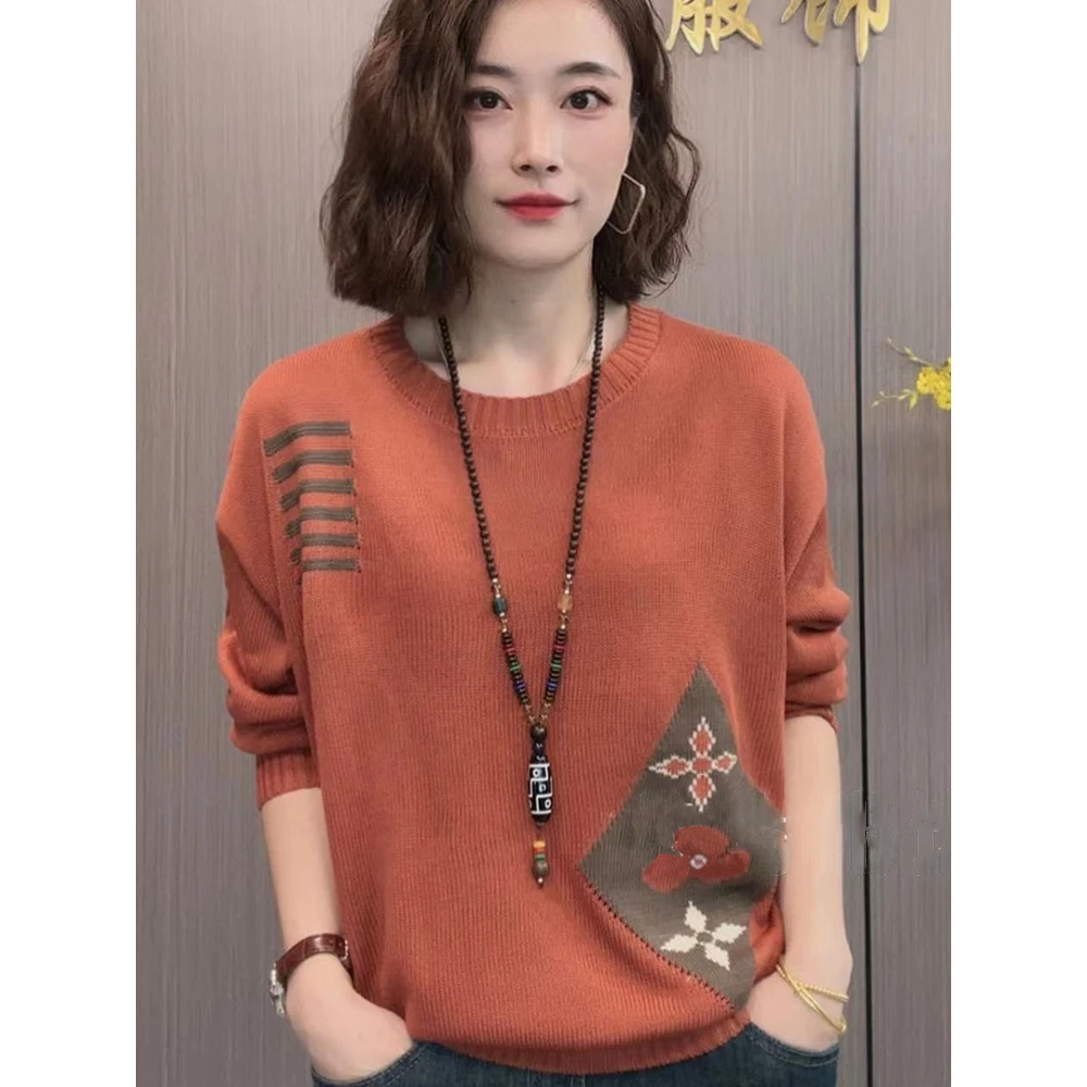 春秋冬宽松显瘦【80-200斤】提花圆领毛衣女新款民族风针织打底上衣