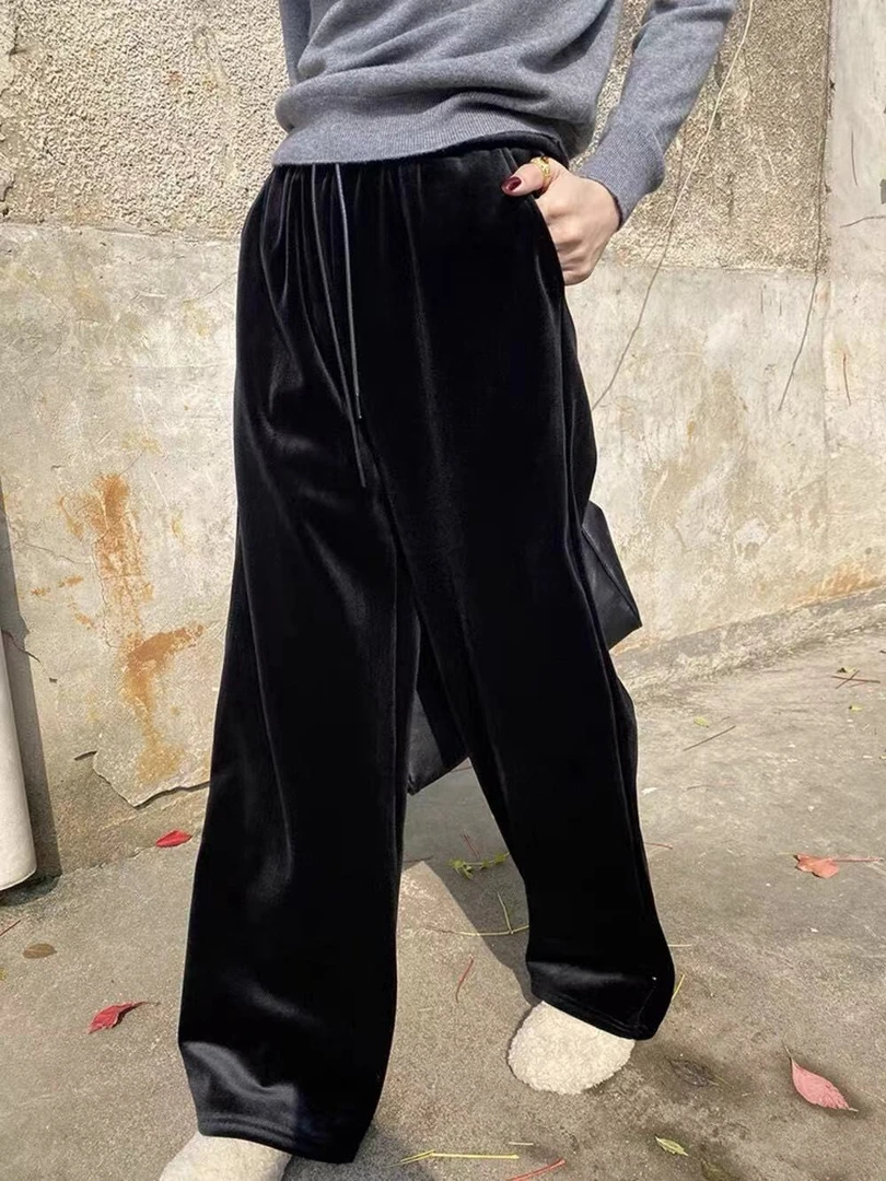 9842号#7551#秋冬新款细抽绳弹力腰无口袋宽松显瘦丝绒阔腿裤（预）