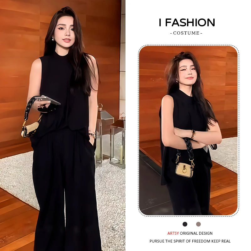 时尚小个子显瘦套装女2026夏季新款休闲舒适无袖上衣阔腿裤两件套