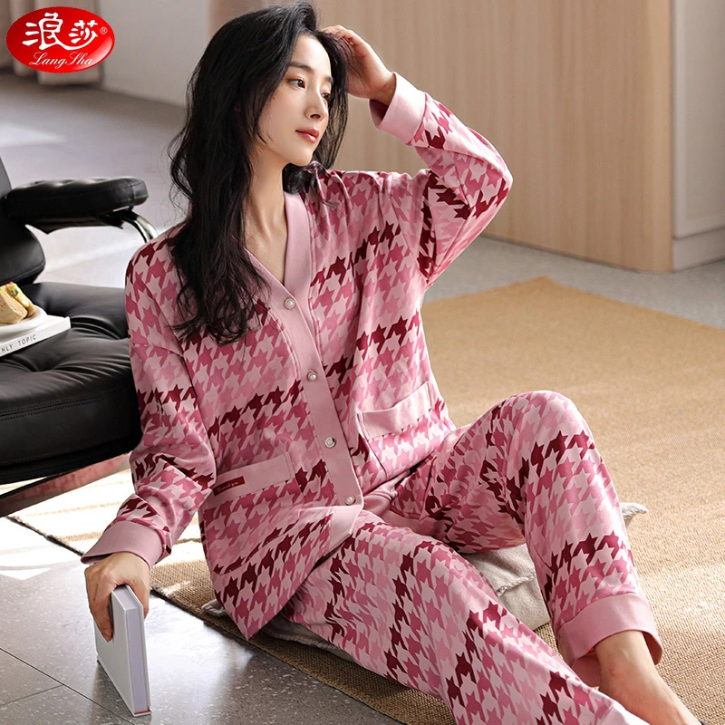 浪莎睡衣女春秋季长袖长裤薄款纯棉千鸟格大码休闲夏天家居服套装