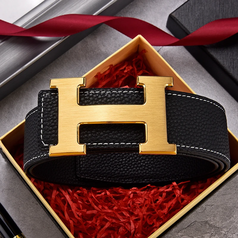 男士皮带腰带高档百搭商务平滑棋盘格双面轻奢时尚休闲内穿