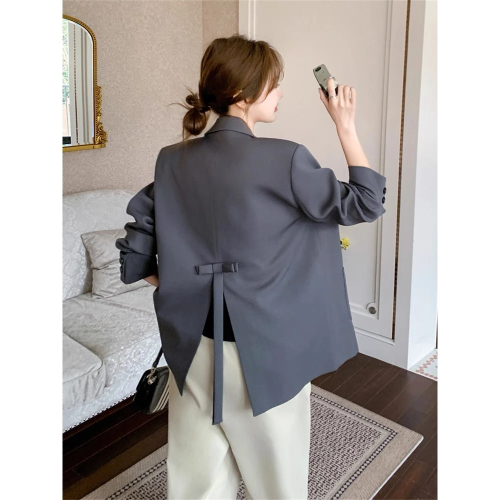 超火休闲灰色西装外套女春秋2025新款设计感小心机开叉蝴蝶结西服