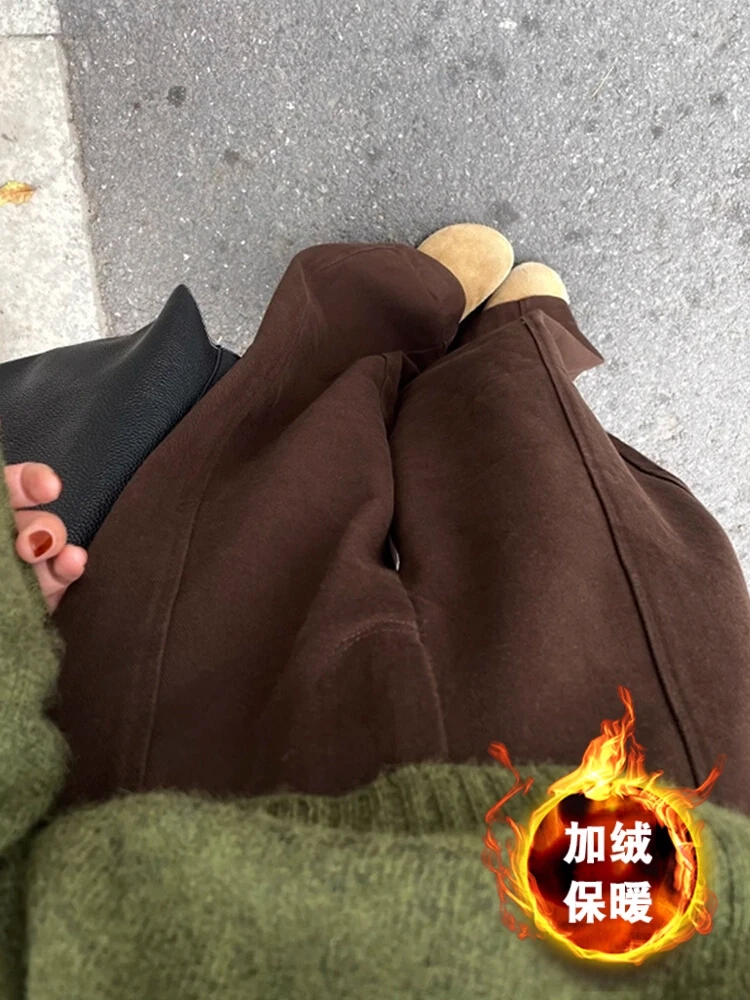 大码美拉德棕色毛呢阔腿裤子女2025新款冬加厚加绒休闲运动梧桐裤