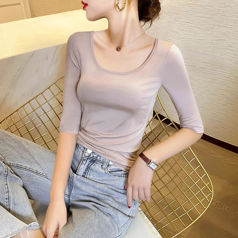 莫代尔t恤女夏低领紧身中袖u领打底衫内搭五分袖冰丝短袖修身上衣