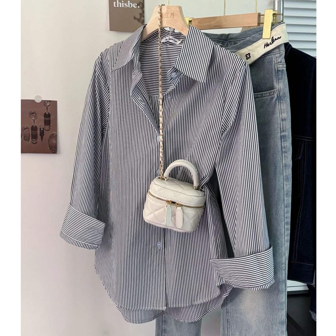 气质高级感春季新款复古小众叠穿条纹衬衫简约时尚女款衬衣外套