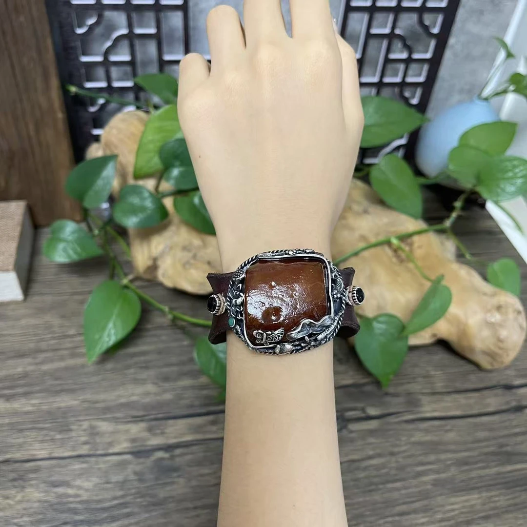 LYliuyng原矿琥珀蜜蜡原石牛皮手镯品质独特不规则原石蜜蜡皮镯子