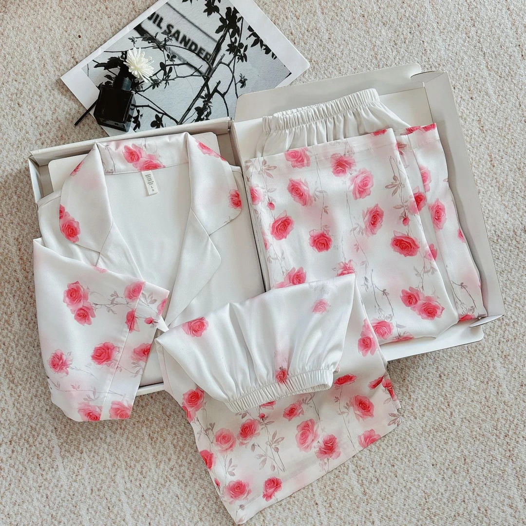 达芬奇密码睡衣女夏季爆款2025年新款粉蕊逸梦女睡衣家居服三件套