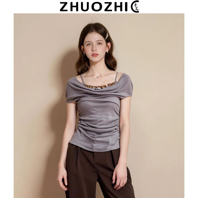 卓芝法式假两件亮片刺绣荡领短袖T恤女2025夏季新款休闲百搭上衣