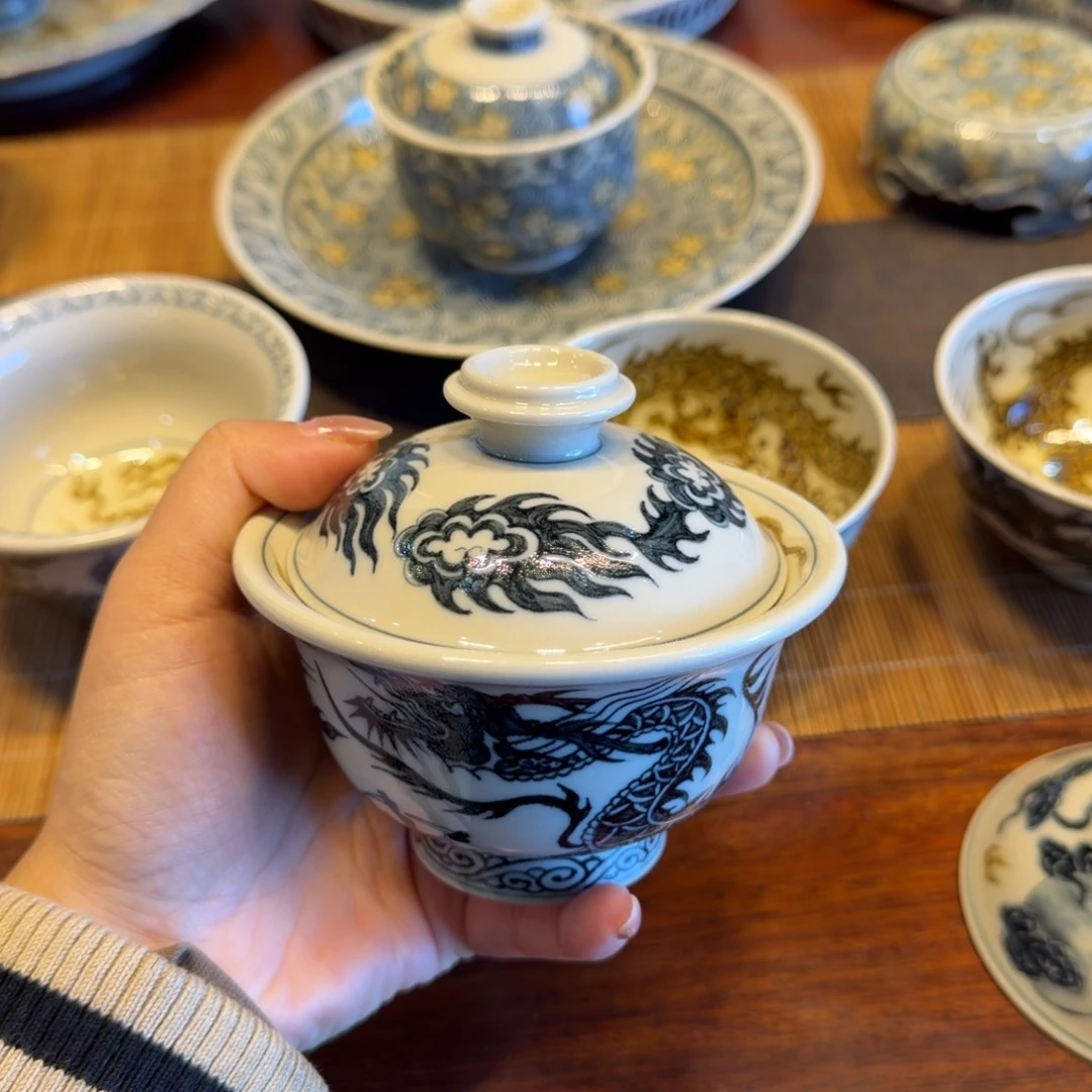 乘***浪手工手绘茶具二号釉双龙盖碗