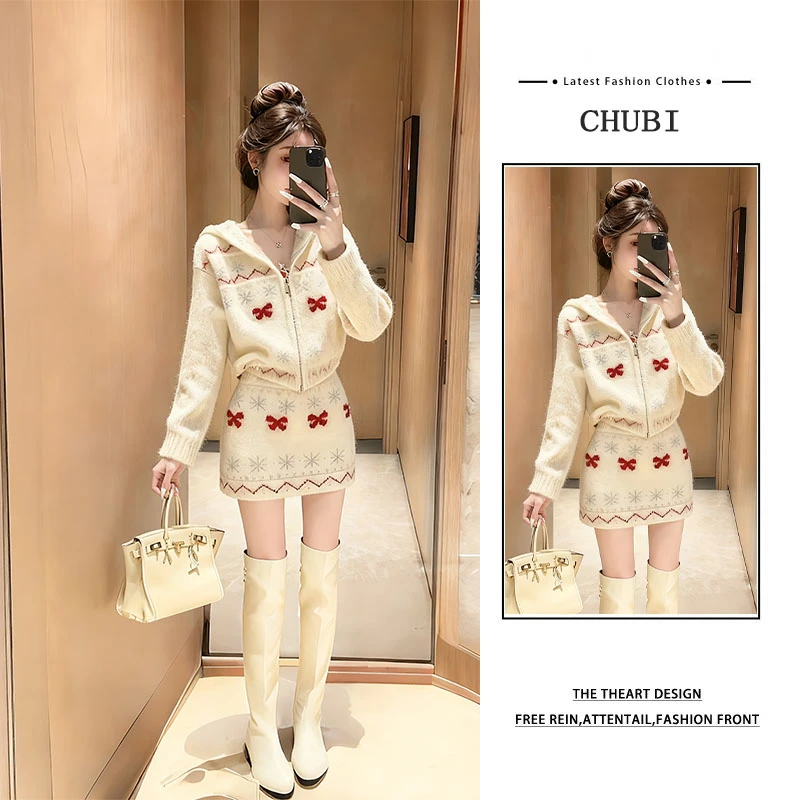 韩系秋冬chic针织套装女2025新款圣诞风针织上衣减龄半身裙两件套