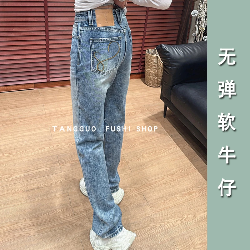 无弹『中古牛仔』刺绣水洗纯牛仔秋季窄版直筒裤长裤牛仔裤女直筒