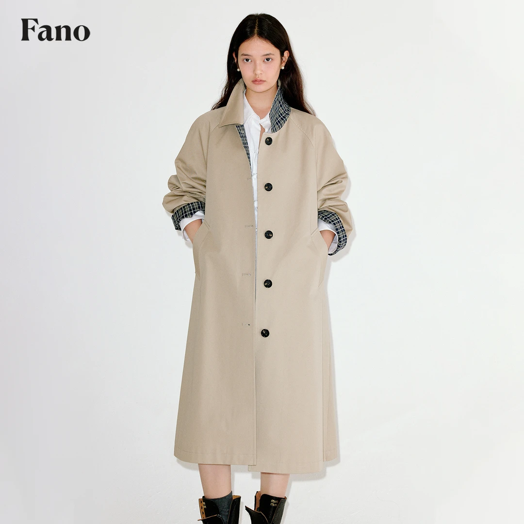 【清仓】松感舒适天然皱感格纹拼接伞形无腰带长风衣FQ25W058