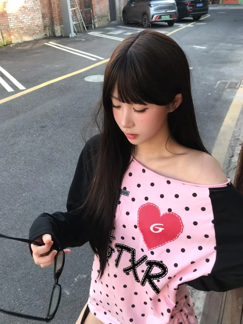 WRXS  美式爱心波点撞色拼接插肩袖长袖T恤女宽松早秋季抽绳上衣