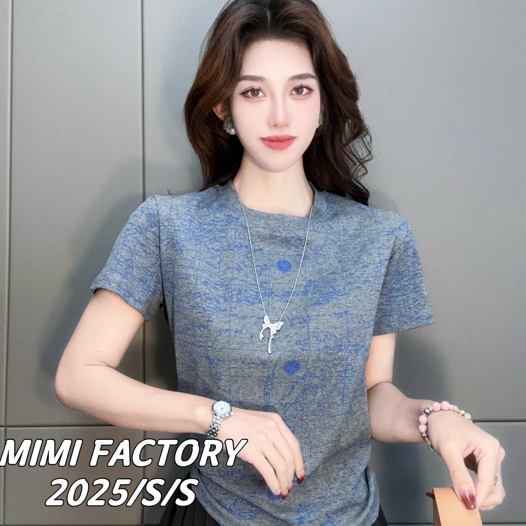 2025夏季新款 欧货满印几何短袖T恤女修身显瘦时尚百搭5433#