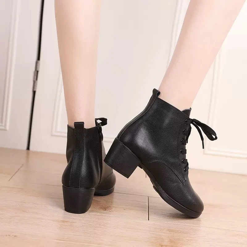 秋冬新款牛皮中跟连底加绒防滑高邦舞蹈鞋女广场舞水兵舞鞋