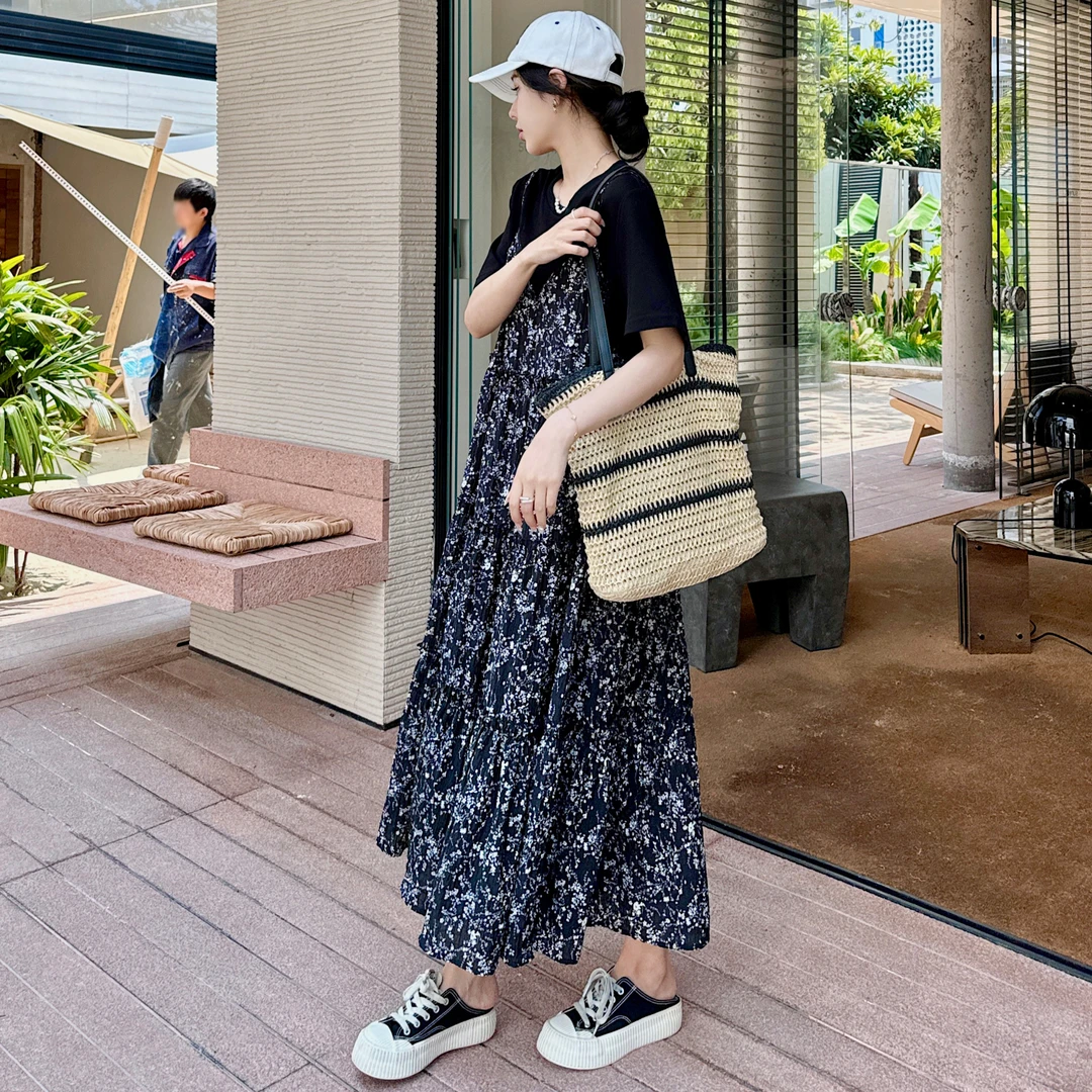 2025夏新款/正肩假两件碎花夏季气质吊带连衣裙女胖mm显瘦裙子