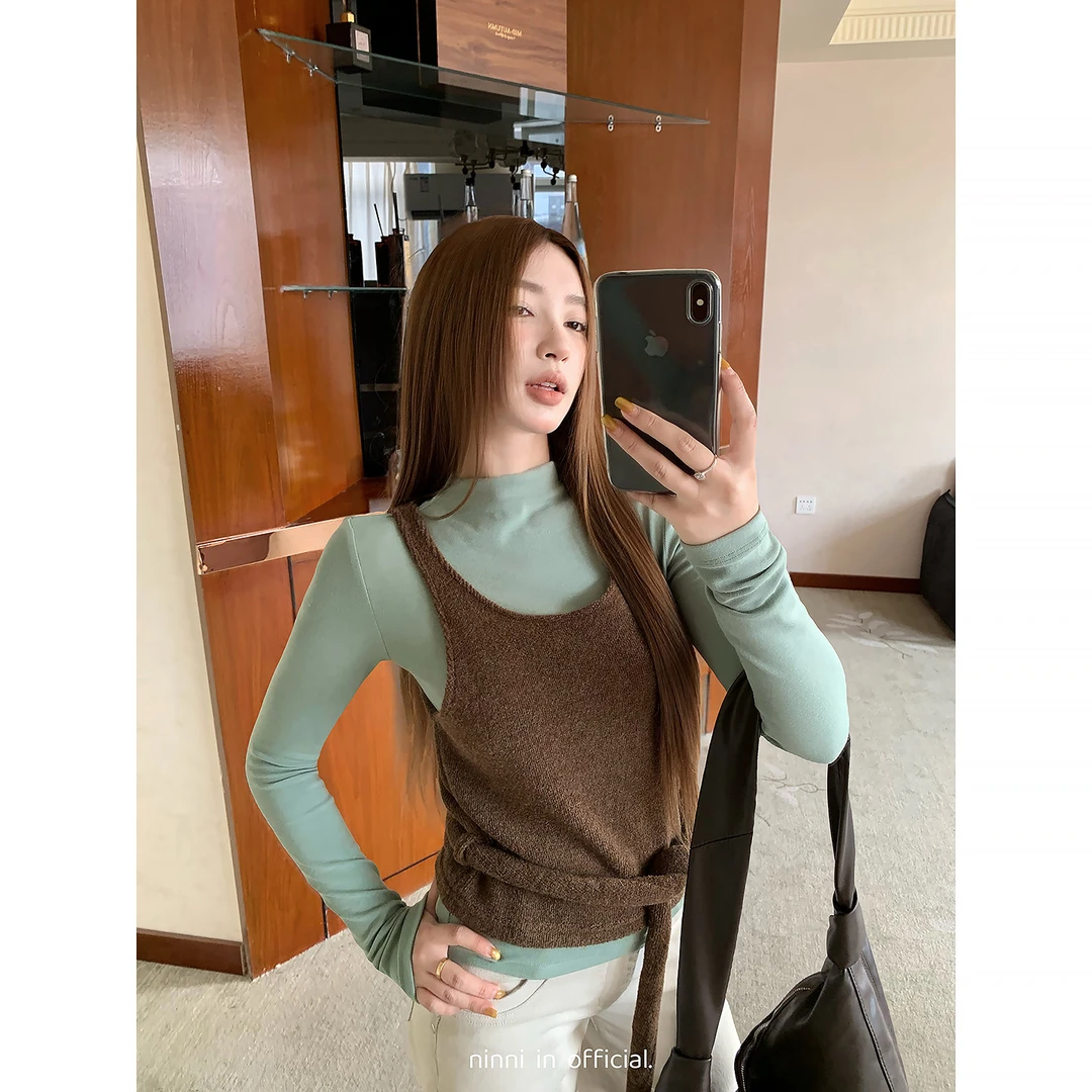 Ninni ~半高领内搭T恤女秋针织绑带背心套装50809