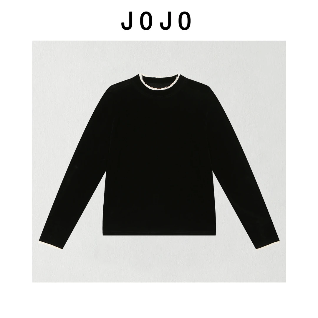 玖了个玖 2025冬款 极简百搭蕾丝撞色拼接圆领丝绒上衣 2512C9115