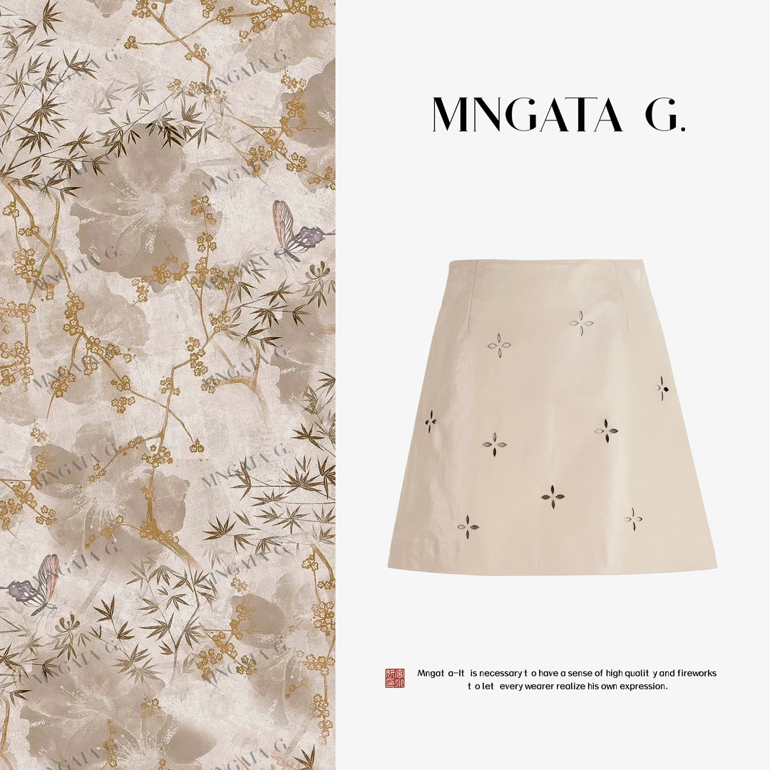 MNGATA G.宫小妍【极光皮·镂空四叶裙】羊皮早秋新中式裙5080178