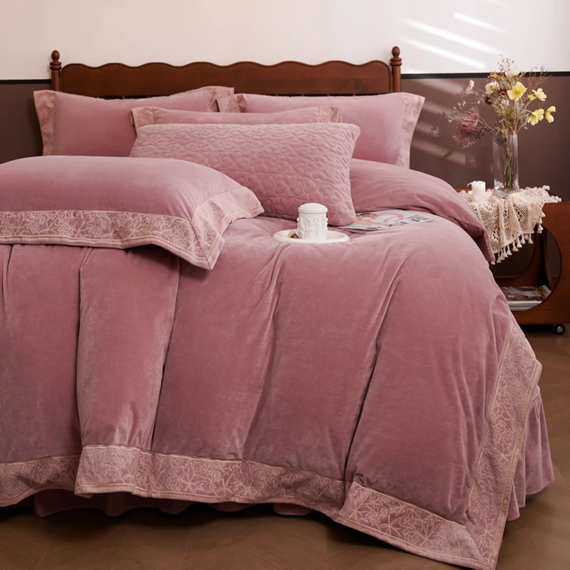 JN-冬季复古风宝宝绒加厚夹棉暖和床笠四件套