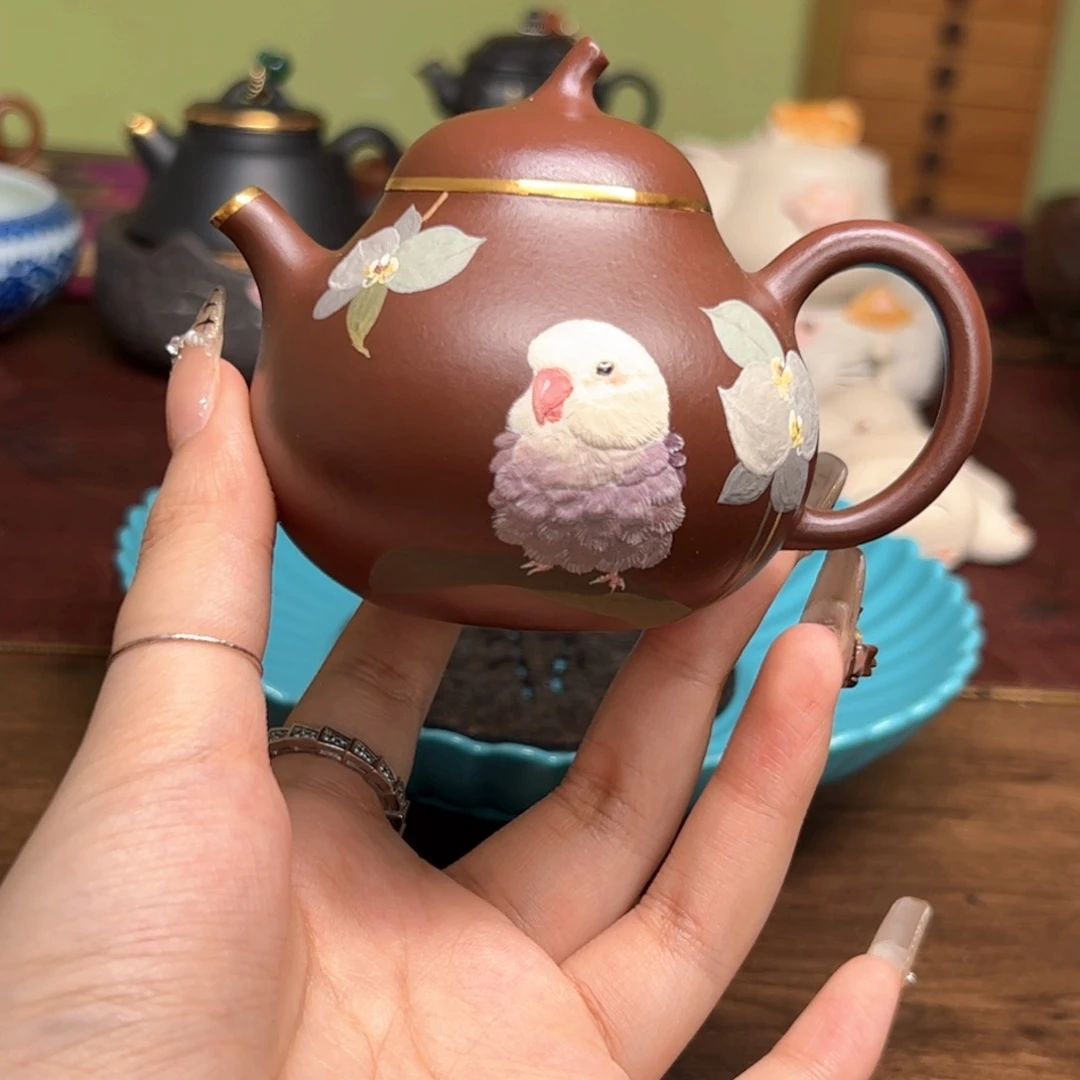 紫砂茶壶泥绘紫朱泥茄瓜 150ml 包金