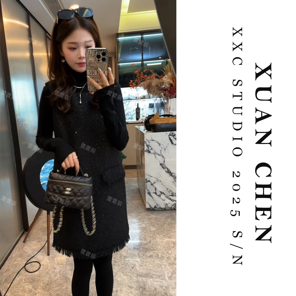 【黑金名媛】黑色直筒裙子秋冬款洋气内搭上衣+连衣裙两件套#9265