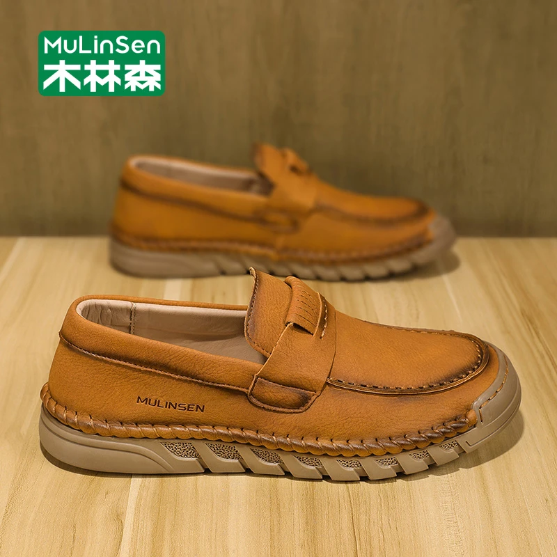 木林森男士皮鞋2025新款商务一脚蹬乐福鞋开车中年爸爸软底休闲鞋